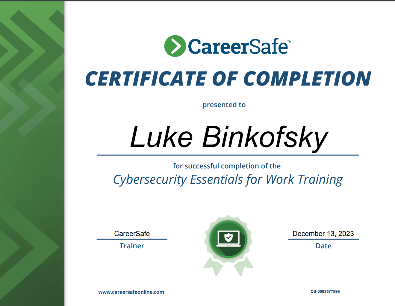 CareerSafe Cybersecurity Essentials Certification